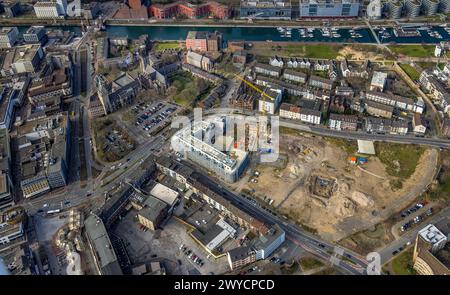 Aus der Vogelperspektive, Mercator Quartier Baustelle für neue Hotels und Apartments, Salvatorkirche und Rathaus Duisburg, Wohngebiet im Innern Stockfoto