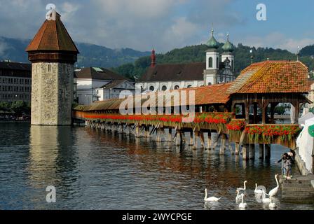 Turm und See von Luzern, Schweiz Stockfoto