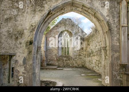 Blick durch den Torbogen einer verlassenen Abtei aus hellem Stein an einem Giebelende Stockfoto