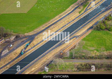 Luftaufnahme, Emscherdeich mit gebrochenem Damm an der Emschermündung, Baustelle Eppinghoven, Dinslaken, Nordrhein-Westfalen, Germa Stockfoto