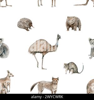 Emu und Känguru nahtloses Muster mit Dingo und Opossum. Koala und Wombat Aquarellillustration. Australische einheimische Tiere Hintergrund. Handgezeichnet Stockfoto