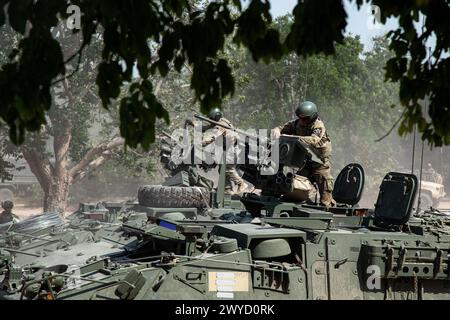 Ein US-Armeesoldat, der der Chosin Company, 1. Bataillon, 17. Infanterieregiment, 2. Stryker Brigade Combat Team, 7. Infanteriedivision zugewiesen ist, lädt ein Maschinengewehr des Kalibers M2 Browning .50 auf ein Stryker Fahrzeug während einer Live-Feuerübung während der Übung Cobra Gold 24, 6. März 2024. in der Provinz Sa Kaeo, Königreich Thailand. Die Übung ist eine der größten militärischen Übungen auf dem asiatischen Festland. (Foto der US-Armee von Stabsleiter Effie Mahugh, 7. Infanteriedivision) Stockfoto