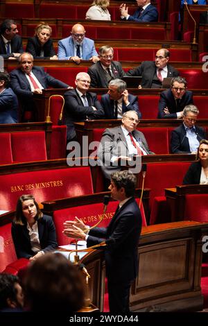 Der französische Premierminister Gabriel Attal spricht vor der Nationalversammlung. Eine wöchentliche Sitzung der Befragung des französischen Premierministers Gabriel Attal findet in der Nationalversammlung im Palais Bourbon in Paris statt. Stockfoto