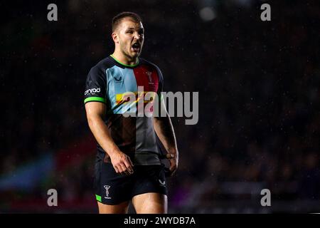 London, England, 5. April 2024. Harlequins André Esterhuizen im Achtelfinale des Investec Champions Cup zwischen Harlequins und Glasgow Warriors auf der Twickenham Stoop. Quelle: Ben Whitley/Alamy Live News Stockfoto