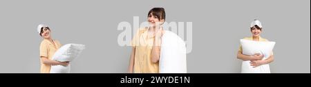 Frau im Pyjama mit Kissen auf hellgrauem Hintergrund, Collage von Fotos Stockfoto