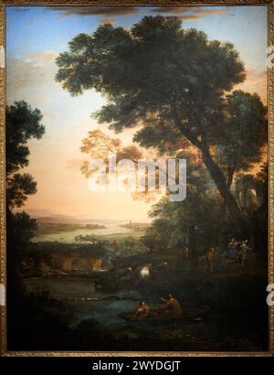 "Pastorale Landschaft mit dem Flug nach Ägypten", 1663, Claudio de Lorena, Thyssen Bornemisza Museum, Madrid, Spanien, Europa. Stockfoto