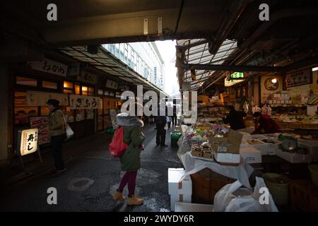 Tokio, Japan - 15. Januar 2018: Touristen besuchen die Essensstraße auf dem Tsukiji-Markt. Im Juni 2017 wurden die Pläne zur Verlagerung des Fischmarktes wieder aufgenommen, aber d Stockfoto