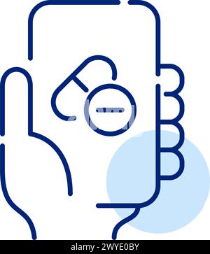 Symbol für Online-Apotheke. Handgriff Smartphone mit Pillen, Tabletten und Kapseln. Bequemer Medikamenteneinkauf. Pixelperfekter, bearbeitbarer Konturvektor Stock Vektor