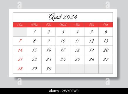 April 2024 ENGLISCHER Monatskalender. Vektorgrafik zum Drucken. Monatliche Planung für Ihre Veranstaltungen Stock Vektor