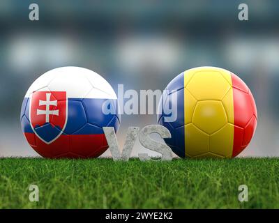 Fußball-Euro-Cup-Gruppe E Slowakei gegen Rumänien. 3D-Abbildung. Stockfoto