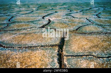 Wüstenlack. Eine Trockenzeit (Trockenzeit) und der See in der Wüste trocknete aus Stockfoto