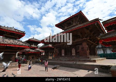 Der Jagannath Krishna Tempel, ein Tempel im Newar-Stil, der aus Ziegeln und Holz auf einem niedrigen Sockel gebaut wurde, eines der ältesten Denkmäler auf dem Hanuman Dhoka Durbar Platz Stockfoto