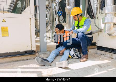 Maschinenunfall auf der Baustelle. Kopfschmerzen des Arbeiters werden durch Hitzschlag bei Hitze ohnmächtig. Betrunkener Arbeiter. Stockfoto