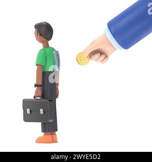 Flacher Stil für 3D-Illustration eines Geschäftsmannes. Eine große Hand steckt die Münze in das Loch im Rücken der MENSCHEN. Teure teure teure Krankenversicherung.3D rend Stockfoto