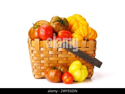 Verschiedene Tomaten in rustikaler Kiste. Isoliert auf weißem Hintergrund Stockfoto