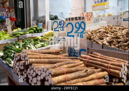 Asiatischer Lebensmittelmarkt Nahaufnahme von asiatischem Gemüse Chinatown NYC Stockfoto
