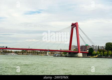 Skyline von Rotterdam von einem Boot mit Williams Bridge. Willemsbrug Stockfoto