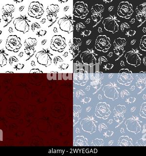 Set von Rosenmustern isolierte Linie Art Kritzele mit Blattelement, Vektorblume Design mit Tinte gezeichnet. Blumenschmuck, Blumen, Blumen der Liebe. Stock Vektor