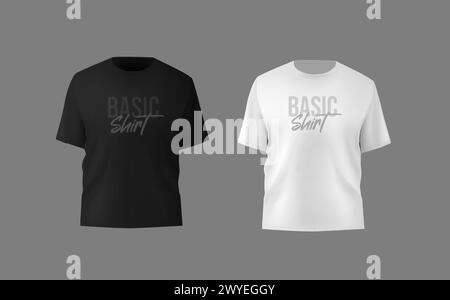 Einfaches schwarzes T-Shirt für Männer, realistisches Modell. Vorder- und Rückansicht. Leerer Textildruck Stock Vektor