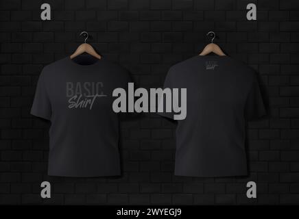 Einfaches schwarzes T-Shirt für Männer, realistisches Modell. Vorder- und Rückansicht. Leerer Textildruck Stock Vektor