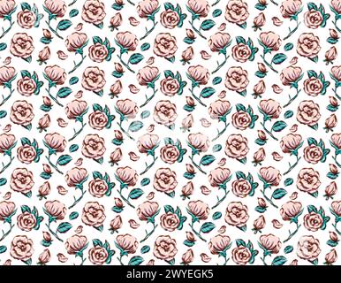 Set von Rosenmustern isolierte Linie Art Kritzele mit Blattelement, Vektorblume Design mit Tinte gezeichnet. Blumenschmuck, Blumen, Blumen der Liebe. Kachel mit Stock Vektor