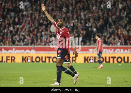 Alexsandro Ribeiro aus Lille während des französischen Meisterschaftsspiels der Ligue 1 zwischen Lille OSC (LOSC) und Olympique de Marseille (OM) am 5. April 2024 im Stade Pierre Mauroy in Villeneuve-d'Ascq bei Lille, Frankreich Stockfoto