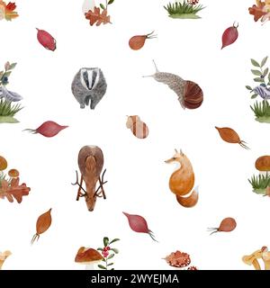 Herbst Waldtiere und Wildpflanzen Aquarell nahtloses Muster isoliert auf weiß Stockfoto