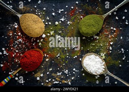 Löffel mit Gewürzen und Salz auf schwarzem Hintergrund mit verschiedenen Gewürzen bestreut. Flache Lagen. Draufsicht. Lebensmittelkonzept. Lebensmittelfotografie in dunkler Stimmung Stockfoto