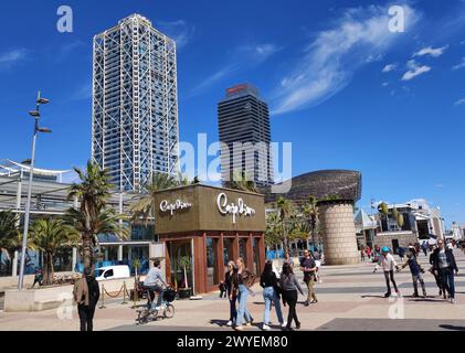 Barcelona: Twin Towers (Hotel Arts und Torre Mapfre), Carpe Diem Restaurant (CDLC) und Skulptur 'Golden Fish' von Frank Gehry im Olympischen Hafen Stockfoto