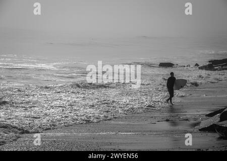 Die Graustufen eines Surfers, der mit einem Surfbrett an einem Strand spaziert Stockfoto
