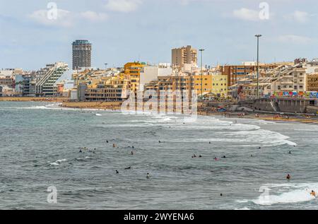 Blick über die Playa de Las Canteras auf Gran Canaria, Spanien Stockfoto