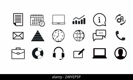 Symbolsatz für Arbeit und Produktivität. Vector Isolet Sammlung von arbeitsbezogenen Schwarz-Weiß-Illustrationen Stock Vektor