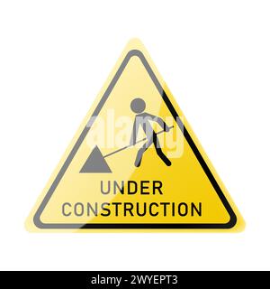 Straßenschild mit Mann und Schaufel. Warnschild „in Bau“. Gelbes Dreieck-Zeichen. Seien Sie auf der Baustelle vorsichtig. Reparaturauftrag Stock Vektor