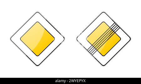 Gelbes Verkehrsschild. Priority Main Road. Der Anfang der Hauptstraße und das Ende der Hauptstraße. Signale des Straßenregulierungssystems, Straßensicherheit in Th Stock Vektor