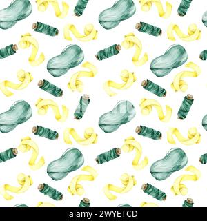 Nahtloses Muster aus Wollstrick mit Nadeln, Haken und Garnbällchen. Grüner und gelber farbenfroher Hintergrund für Handwerkskunst-Etikett, Logo, ho Stockfoto