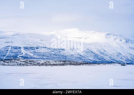 Gefrorener See Tornetrask und schneebedeckte Berge rund um Abisko, Schweden Stockfoto