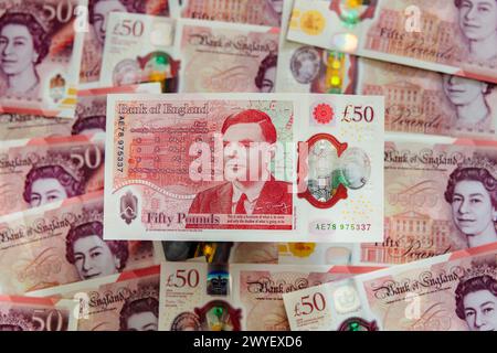 Die neue Banknote der Bank of England im Wert von 50 £ aus Polymer mit dem Codebreaker Alan Turing aus dem Zweiten Weltkrieg. Stockfoto