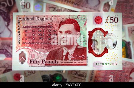Die neue Banknote der Bank of England im Wert von 50 £ aus Polymer mit dem Codebreaker Alan Turing aus dem Zweiten Weltkrieg. Stockfoto