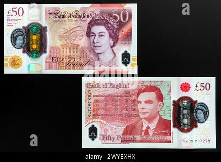 Die neue Banknote der Bank of England im Wert von 50 £ aus Polymer mit dem Codebreaker Alan Turing aus dem Zweiten Weltkrieg. Stockfoto