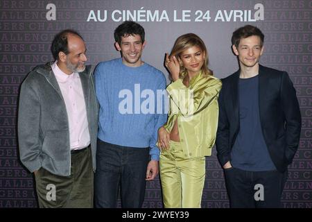 Paris, Frankreich. April 2024. Luca Guadagnino, Josh O'Connor, Zendaya Coleman und Mike Faist nehmen am 6. April 2024 am Paris Photocall „Challengers“ im Crillon Hotel Teil. Foto: Nasser Berzane/ABACAPRESS.COM Credit: Abaca Press/Alamy Live News Stockfoto