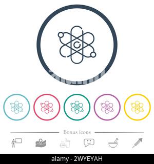 Physik flache Farbsymbole in runden Umrissen. 6 Bonussymbole enthalten. Stock Vektor