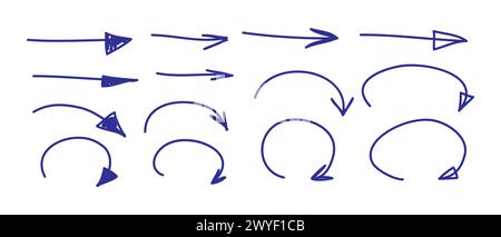 Handgezeichnete Pfeile gesetzt. Vektorillustration im Doodle-Stil. Scribbles und Skizzen, Markierungslinien gesetzt. Tintenformen und strukturierte Elemente. Stock Vektor