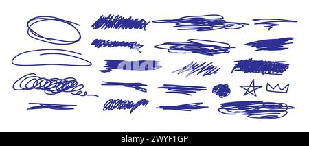 Vektorsatz von handgezeichneten Pinselstrichen, Linien, Streifen, Kritzeleien. Scribbles und Skizzen, Markierungslinien gesetzt. Tintenformen und strukturierte Elemente. Scra Stock Vektor