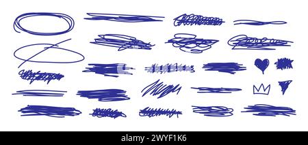 Vektorsatz handgezeichneter Kritzeleien, Kritzeleien, Linien, Streifen. Scribbles und Skizzen, Markierungslinien gesetzt. Tintenformen und strukturierte Elemente. Scrawls, c Stock Vektor