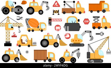 Großer Vektor spezieller Transportsatz. Baustelle, Straßenarbeiten, Bauwesen Transport Symbole mit Planierschild, Traktor, Lkw, Raupenkran, Lader, Bagger Stock Vektor