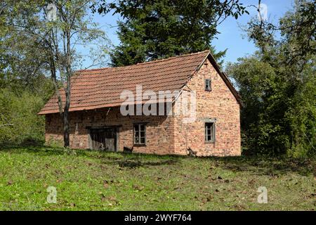 Rote Backsteinmauern eines verlassenen Bauernhauses im westlichen Zentralserbien Stockfoto