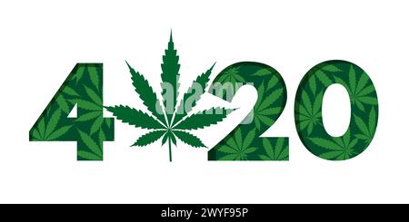 Grauskarte zum 420. Weed Day International Holiday, Banner, Poster. Vierundzwanzig Zahlen aus Marihuana-Cannabisblättern isoliert auf weißem Hintergrund Stock Vektor