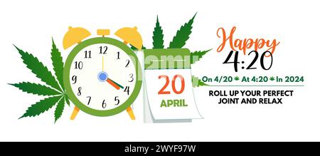 Unkrauttag, 420 Konzept. Der Wecker zeigt die Zeit 4:20 Uhr an, die Zeit, Marihuana zu rauchen. Vierundzwanzig Cannabistage. Design für Banner, Poster, Grußkarte Stock Vektor