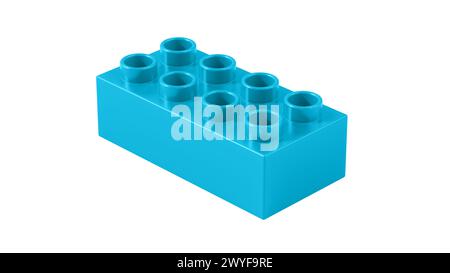 Cyan Blue Lego-Block aus Kunststoff isoliert auf weißem Hintergrund. Kinderspielzeugziegel, Perspektivische Ansicht. Nahansicht eines Spielblocks für Konstrukteure. 3D Stockfoto