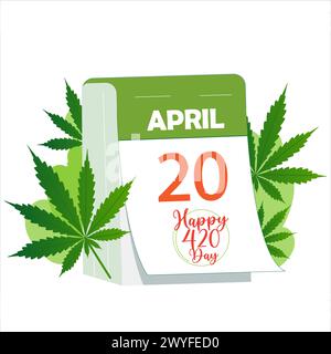 Happy 420, International Weed Day Banner mit Kalenderdatum vom 20. April arrangierte Cannabis Hanf Marihuana Blätter. Vektorillustration, gut für Poster, Stock Vektor